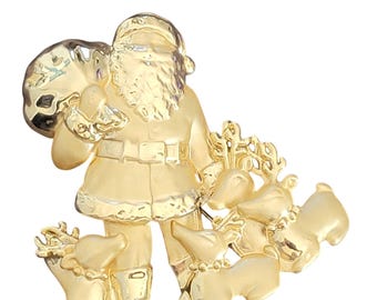 Vintage AJC Santa and Reindeer Brooch Gold Tone Statement Pin Christmas Jewelry