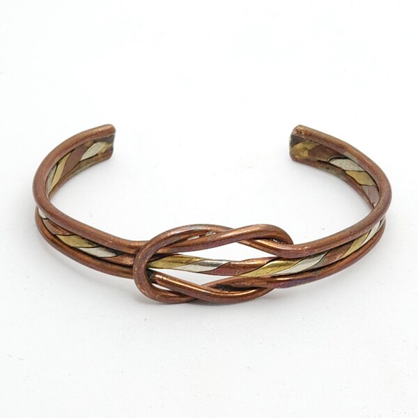 Vintage Artisan Tri Color Silver Brass Copper Love Knot Cuff Unisex Minimalist Southwestern Hippie