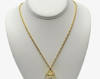Vintage Pave Rhinestone Egg Orb Pendant Necklace Disco Ball Gold Tone Long Chain