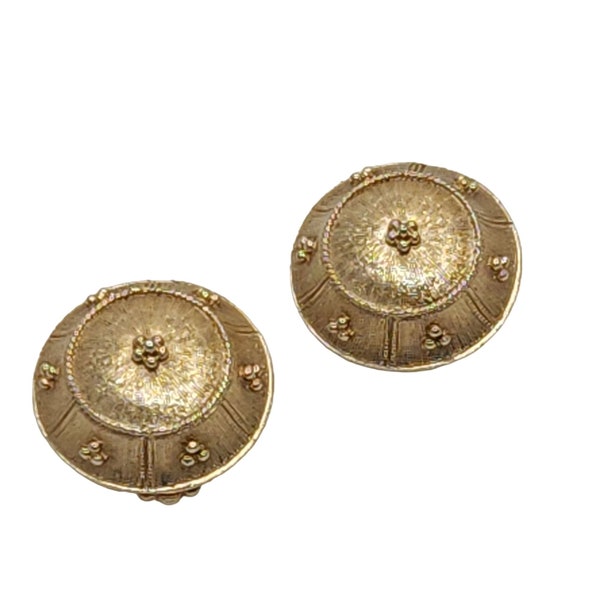 Vintage Pat Pend Clip On Earrings Brushed Gold Tone Round Textured Medallion