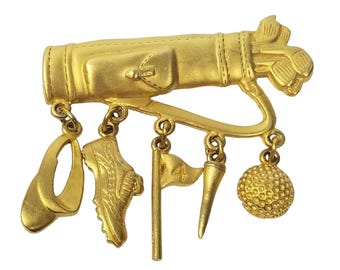 Vintage JJ Golf Bag Brooch with Charms, Gold Tone Jonette Jewelry