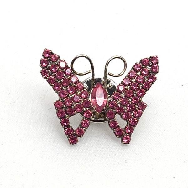 Vtg Pink Glass Rhinestone Butterfly Tie Tac Lapel Pin Ballou Reg'd Silver Tone Figural Jewelry