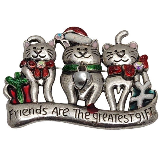 Vintage Christmas Kitty Cat Brooch Holiday Pin Fr… - image 1