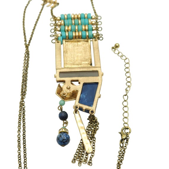 Statement Abstract Design Bead Necklace Gold Tone… - image 6