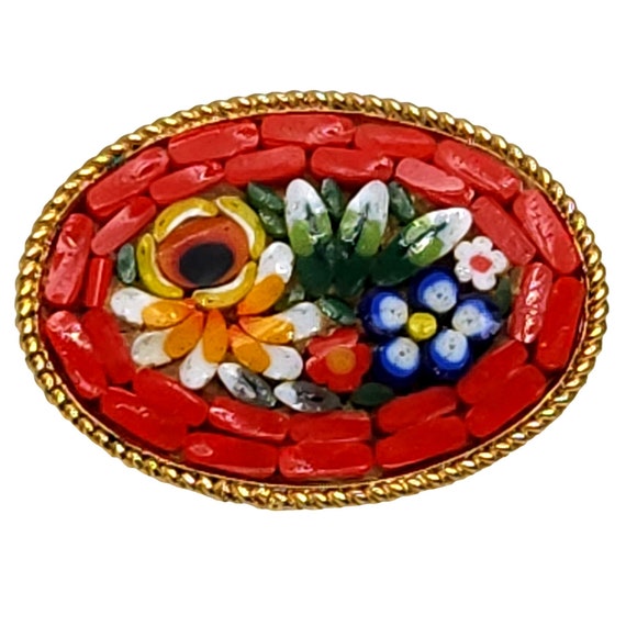 Vintage Micro Mosaic Flower Brooch Marked Italy S… - image 1