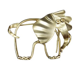 Modernist Elephant Brooch Gold Tone Safari Animal Pin Artistic Open Work Style