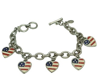 Cookie Lee Charm Bracelet Patriotic Hearts Flag Silver Tone USA 4th of July