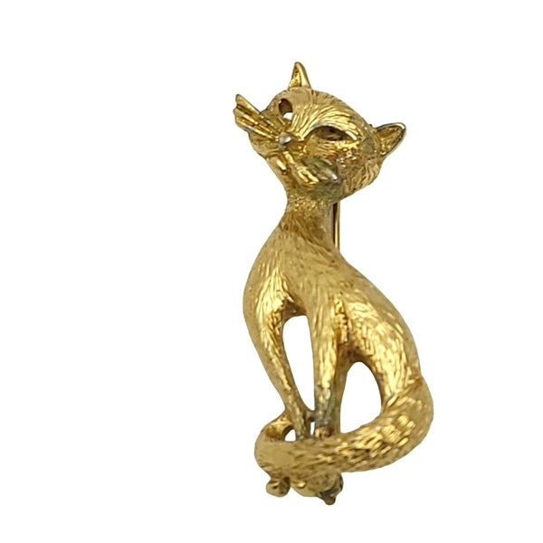 Vintage Monet Gold Tone Textured Cat Brooch Figural Kitten Feline Animal Lover