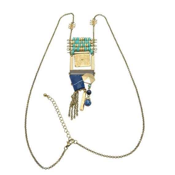 Statement Abstract Design Bead Necklace Gold Tone… - image 9