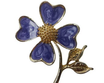 AAi Flower Brooch Purple Swirls Enamel Gold Tone Textured Center Leaves Pin