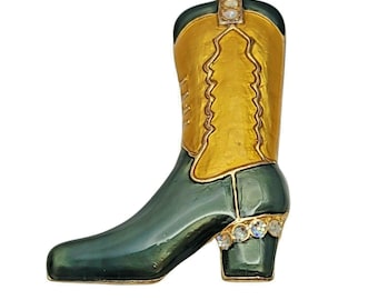 Vintage Green Enamel Cowboy Boot Brooch Rhinestones Gold Tone Western Pin Rodeo