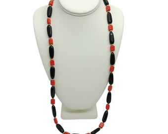 Vintage Napier Acrylic Bead Necklace Red Black Gold Single Strand Chain Strung 80s Jewelry