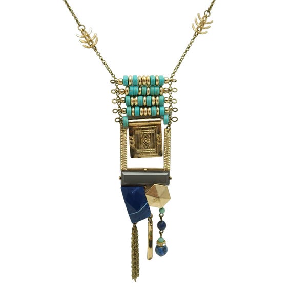 Statement Abstract Design Bead Necklace Gold Tone… - image 2