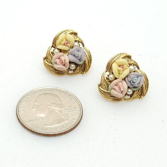 1928 Porcelain Roses Simulated Seed Pearls Pierce… - image 4