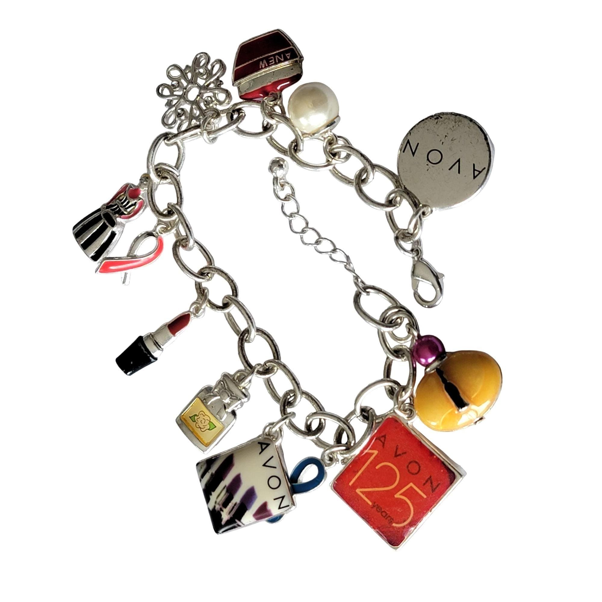 Avon 125 Years Charm Bracelet with 12 Charms Silver Tone Makeup and Beauty Theme