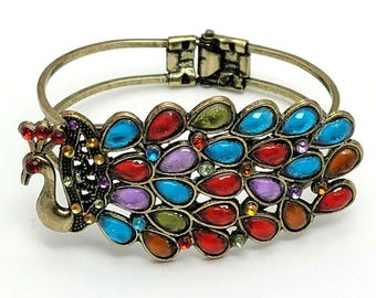 Vintage Peacock Clamper Bracelet Faceted Acrylic Rhinestones Hinged Cuff Festive