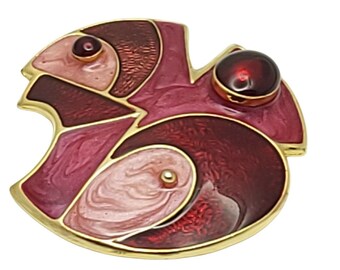 Artisan Iridescent Red and Pink Enamel Abstract Brooch Gold Tone Modernist Pin