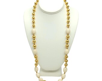 Vintage Napier White Acrylic Bead Necklace Gold Tone 30" Long Classic Dressy Jewelry