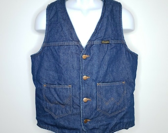 Vintage Wrangler Denim Jean Vest Sherpa Lined Mens Medium Western No Fault Denim USA Made