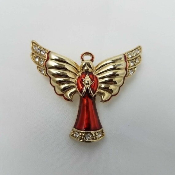 Monet Red Enamel Angel Brooch Gold Tone Wings Rhinestones Adorned
