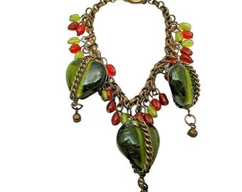Vintage Chunky Green Heart & Red Glass Heavy Dangle Bracelet – Chain Statement Runway Bold Jewelry