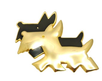 Vintage Scotties Dog Brooch Gold Tone and Black Enamel Figural Pin Animal Lover