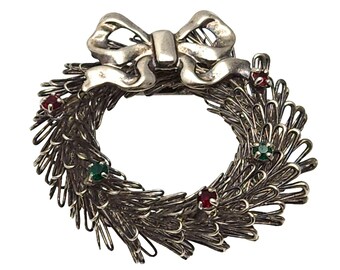 Vintage Silver Tone Rhinestone Wreath Brooch Red Green Rhinestones Christmas Pin