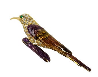 Vintage Couture Rhinestone Hummingbird Brooch Gold Tone Brown Enamel Bird Pin