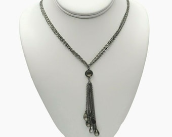 Vintage Cookie Lee Teardrop Faceted Bead Tassel Necklace Multi Strand Gunmetal Chains Statement Jewelry
