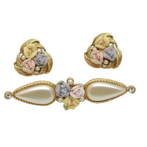 1928 Porcelain Roses Simulated Seed Pearls Pierce… - image 1