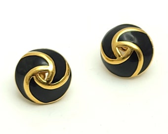 Vintage Monet Black Enamel Gold Tone Knot Clip On Earrings Swirls Entwined Studs