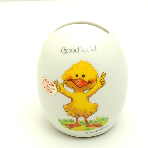 Vintage Suzy Spafford Bank Good Luck Chick Easter Egg Ceramic 1976 Enesco Japan