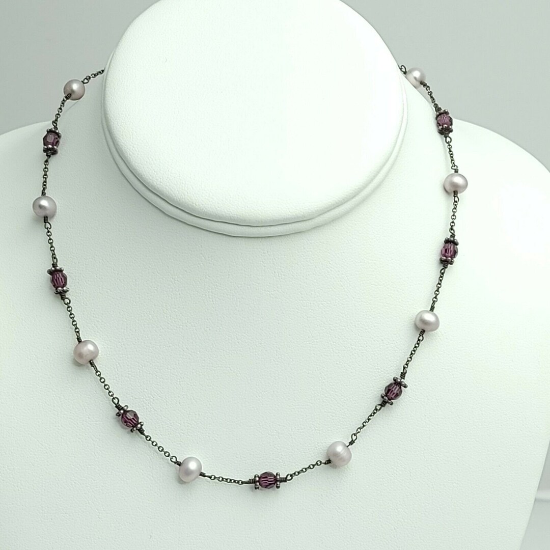 Lily Rachel Pearl and Purple Bead Necklace 925 Silver Chain Heart Clasp
