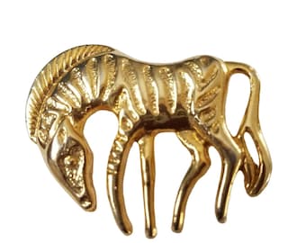 Vintage Gold Tone Zebra Brooch Statement Figural Pin Safari Zoo Animal Lover Gift