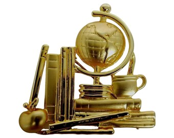 AJC World Globe Gold Tone Brooch Pin with Desk Apple Books Cup Teachers Gift