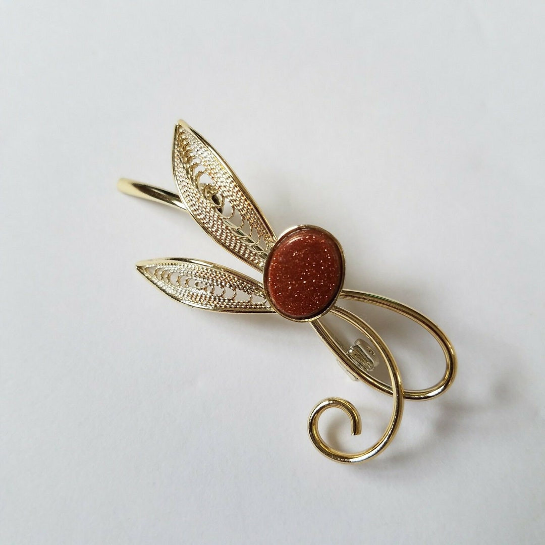 Broche Vintage En Filigrane Couleur Or Avec Cabochon Topaze - Bijou Ancien - État Parfait