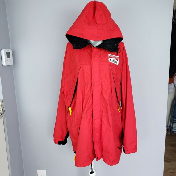 Vintage 90s Marlboro Adventure Team Jacket Mens XL Hooded Coat Red Black Windbreaker Zip Up Nylon with Mesh Lining Taiwan Made