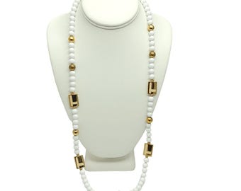 Napier Lucite White And Gold Bead Necklace Single Strand Long Necklace Classic 80s Jewelry