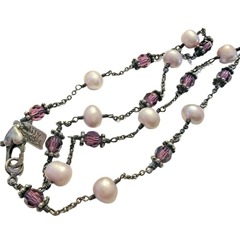 Lily Rachel Pearl and Purple Bead Necklace 925 Silver Chain Heart Clasp