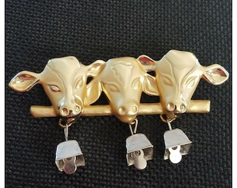 Vintage AJC Cow Brooch Gold and Silver Tone Statement Pin with Bells Unisex