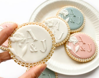 Personalized Wedding Favor Biscuits: Hand-Decorated Peony, Lace Edged