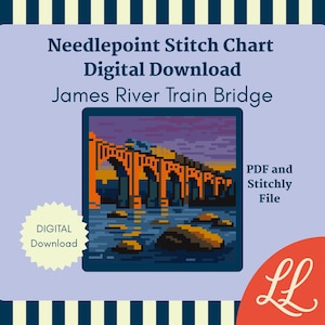 Peut inclure: Téléchargement numérique d'un diagramme de point de croix représentant le James River Train Bridge. L'image montre un pont pixélisé dans des tons orange, bleu et violet, avec le texte "Needlepoint Stitch Chart Digital Download James River Train Bridge".