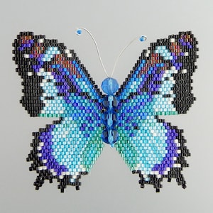 May include: A beaded butterfly brooch with blue, purple, and black beads. The butterfly has a detailed design and is accented with clear beads.