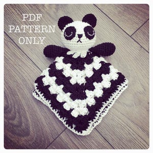 May include: Black and white crochet panda lovey with a black and white striped blanket. The pattern is available as a PDF download. "PDF PATTERN ONLY" is written on the image.