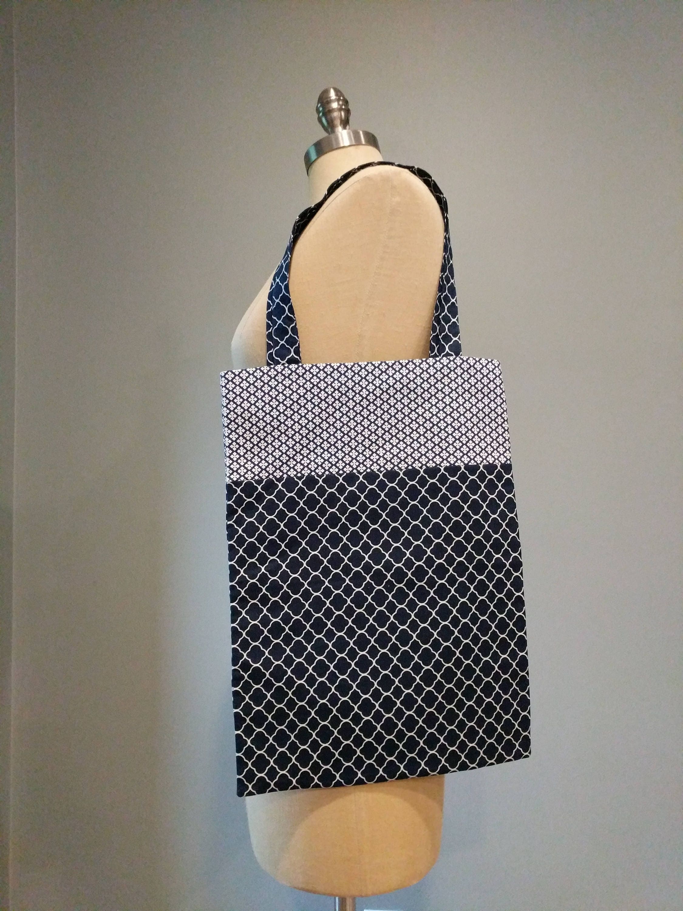 Library Tote Bag Navy and White Geometric Print | Etsy