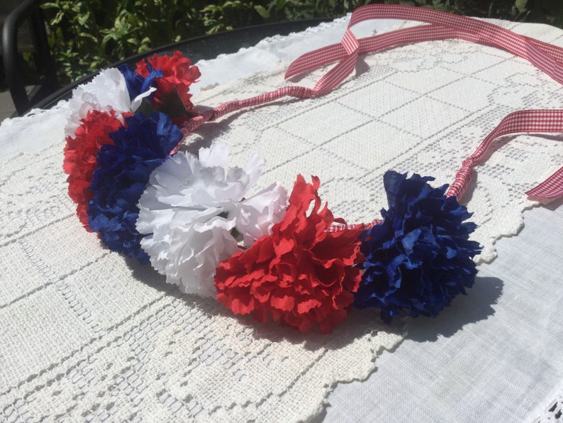 Patriotic Carnation July 4th Flower Crown Gingham
