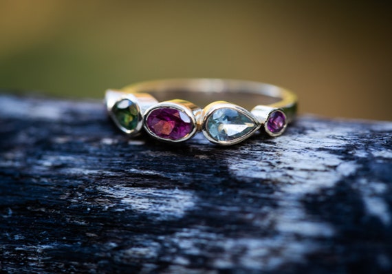 Pink, Blue & Green Tourmaline 14k Gold Ring - Size 8