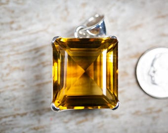 Large Faceted Citrine Pendant - Sterling Silver, November Birthstone