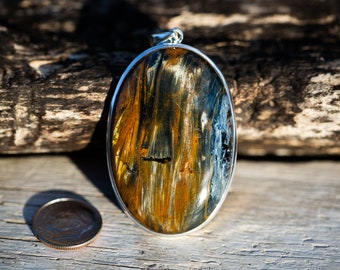 Large Pietersite Sterling Silver Pendant – Gold, Blue, Bronze Gemstone