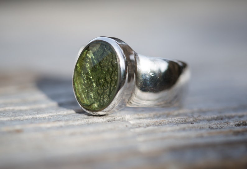 Moldavite Ring size 8 Moldavite Ring 8 Moldavite Ring Size 8 Checkerboard cut Moldavite Half Raw Half Checkerboard Cut Ring size 8
